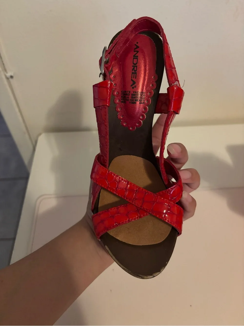 ANDREA FENZI Red Patent Crisscross Heeled Sandals